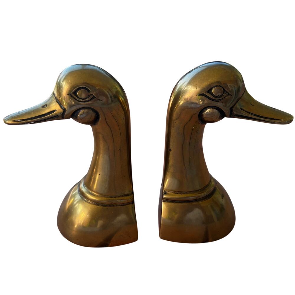 Mid Century Pair of Solid Brass Mallard Duck Head Bookends